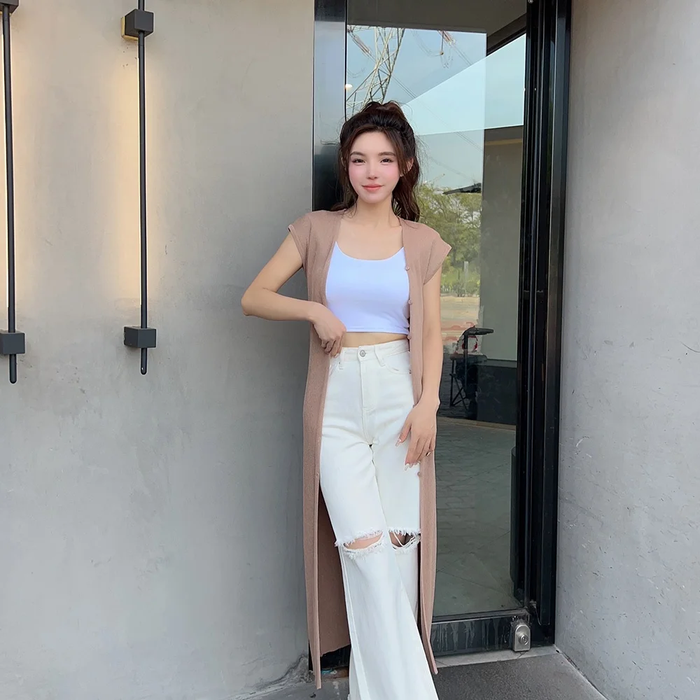 

Slimming Knitted Open Cardigan New Spring Summer Collection by Queen Fashion Shop V-Neck Short Sleeve Midi Length Straight Fit