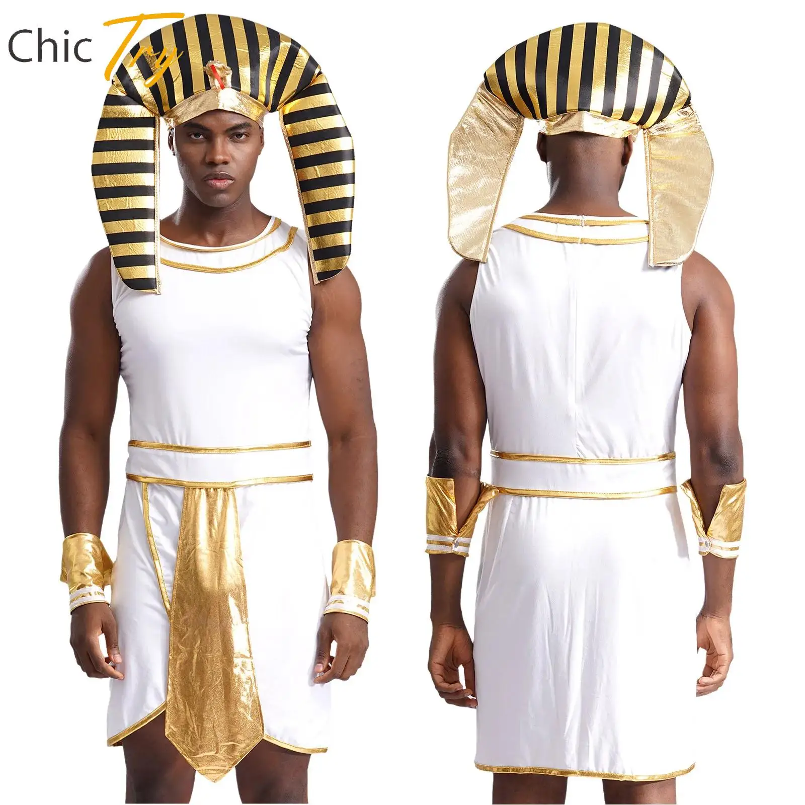 

Mens Egyptian Pharaoh Cosplay Outfit Sleeveless Dress with Cuffs Snake Head Set Halloween Carnival Dress-Up Performance Costumes