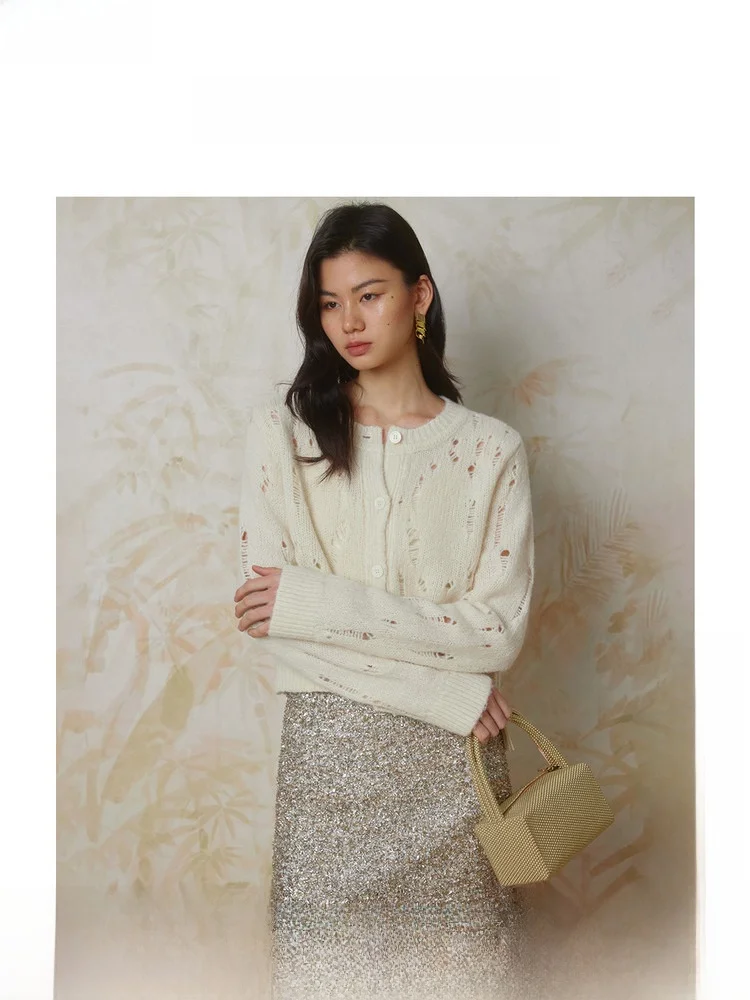 

ZhiZhi Alpaca Wool Knitted Hollow out round Ne Sweater Women's Casual Versatile Winter Faion Commute Sle Long Sve