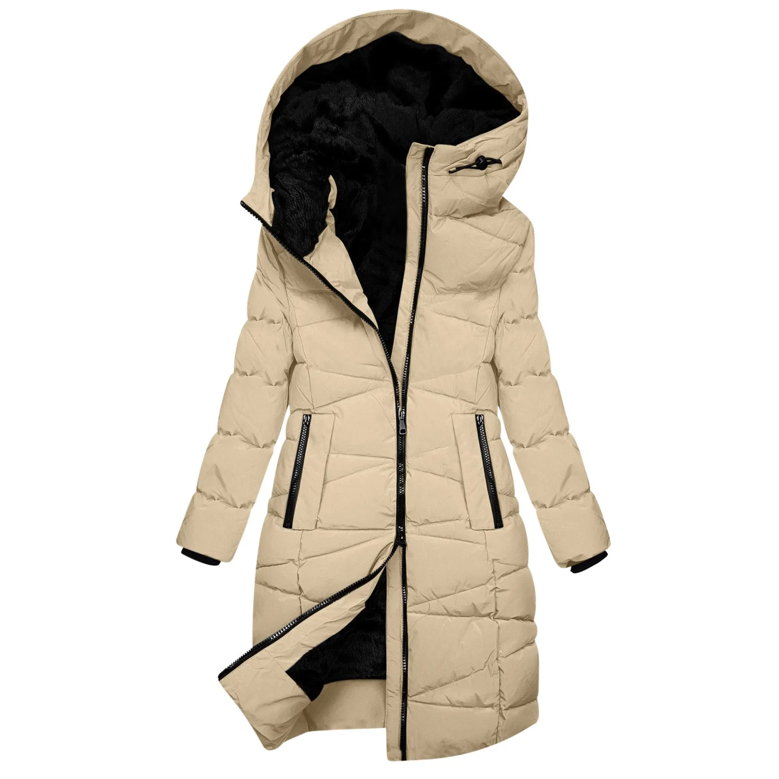 Women's Mid Length Down Coat Hooded Fleece Lined for Warmth Comfort Fleece Lined Padded Outerwear Coats Women Jackets