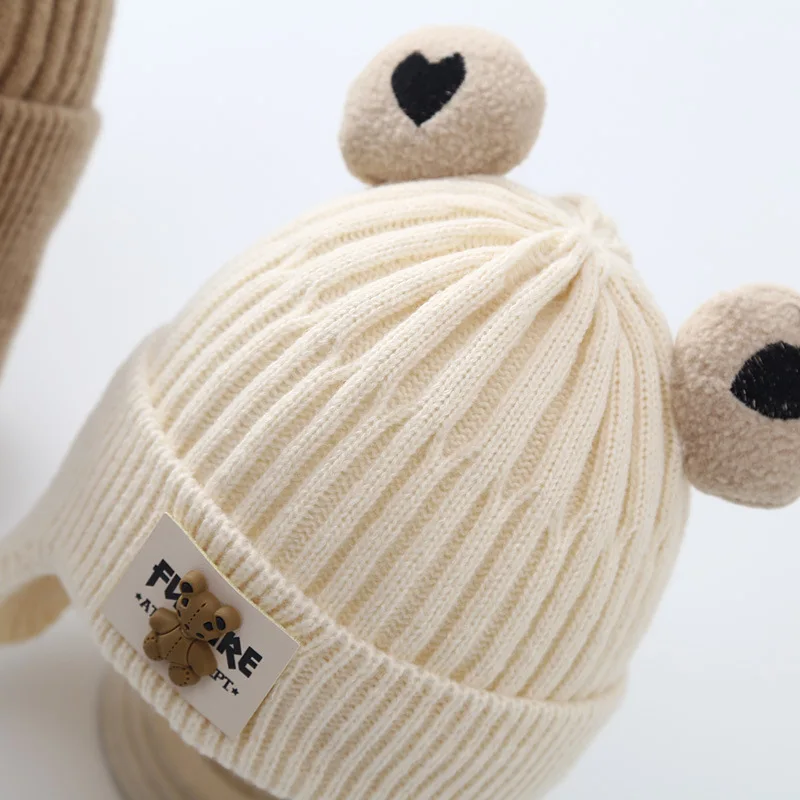 Baby hat autumn and winter cute cartoon ear protection knitted cap boys and girls thickened warm cold woolen cap