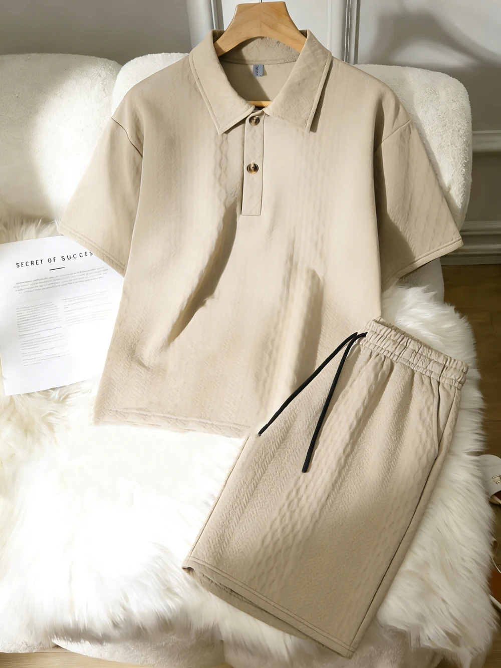 Sommer Damen Einfarbige Waffelstrick T-Shirts Shorts Lässige Zweiteiler-Sets Polo T-Shirt Übergroße Hochtaillierte Kordelzug-Fünf-Taschen-Hose
