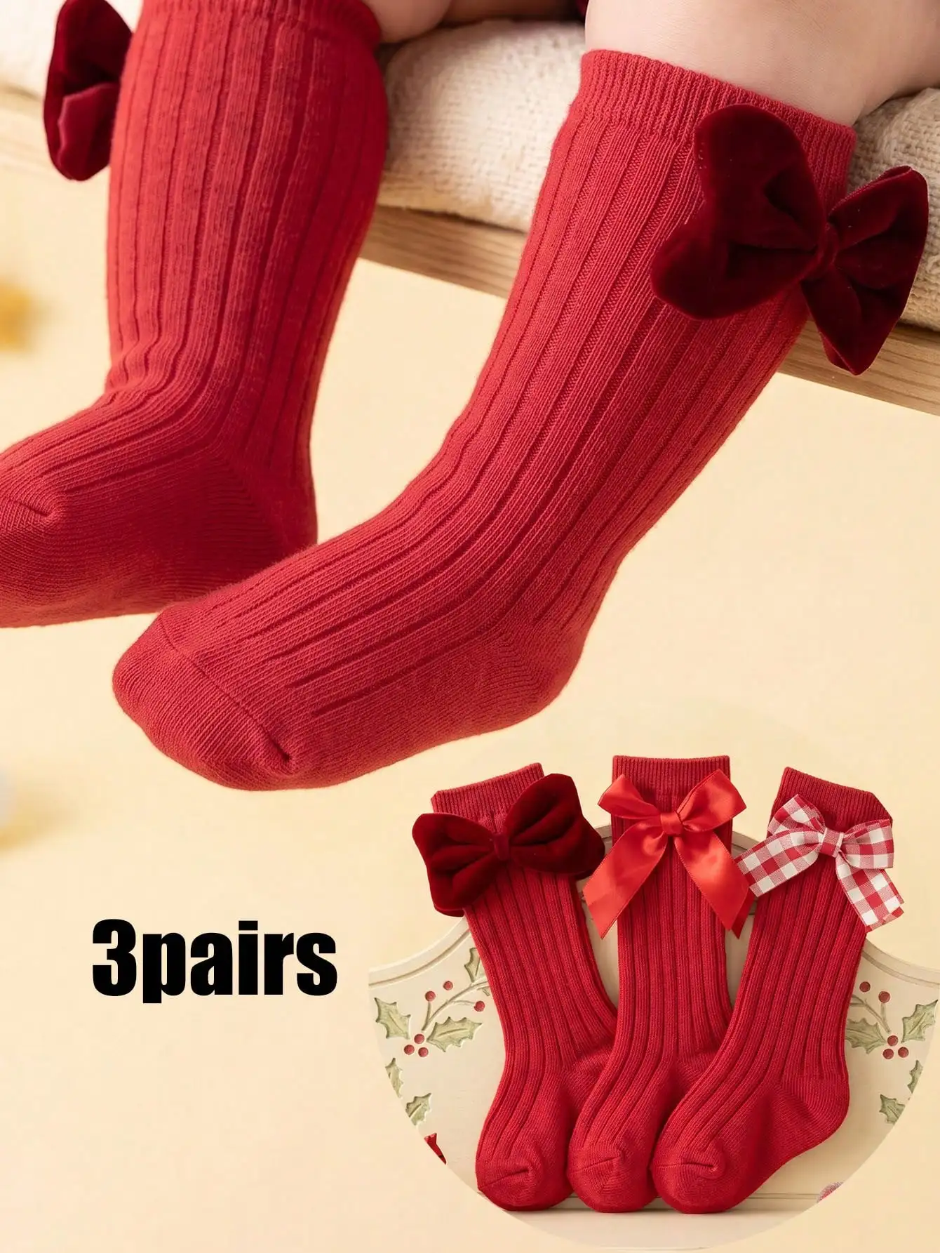 3Pairs 3‑12M Kids Bow Christmas Mid Calf Crew Socks Set, Unisex Boys Girls Red Cotton Socks for Holiday Gift Daily Wear