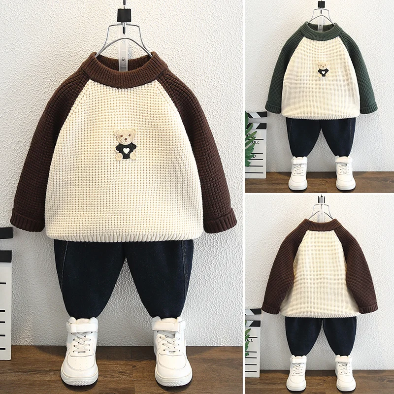 

Trendy Color Blo Bear Sweater for Kids Autumn Winter Sle Overhead Long Sve Cotton Blend Warm Faionable Base irt