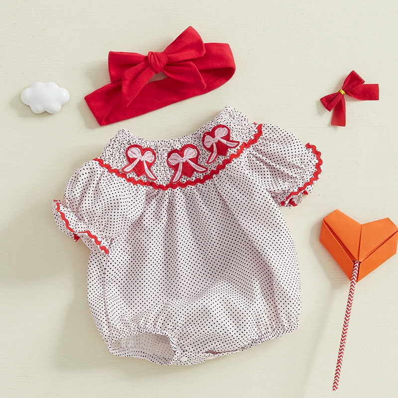 Roupa infantil de bebê menina manga curta gola redonda arco pontos macacão com faixa de cabelo fofa doce roupas de dia dos namorados