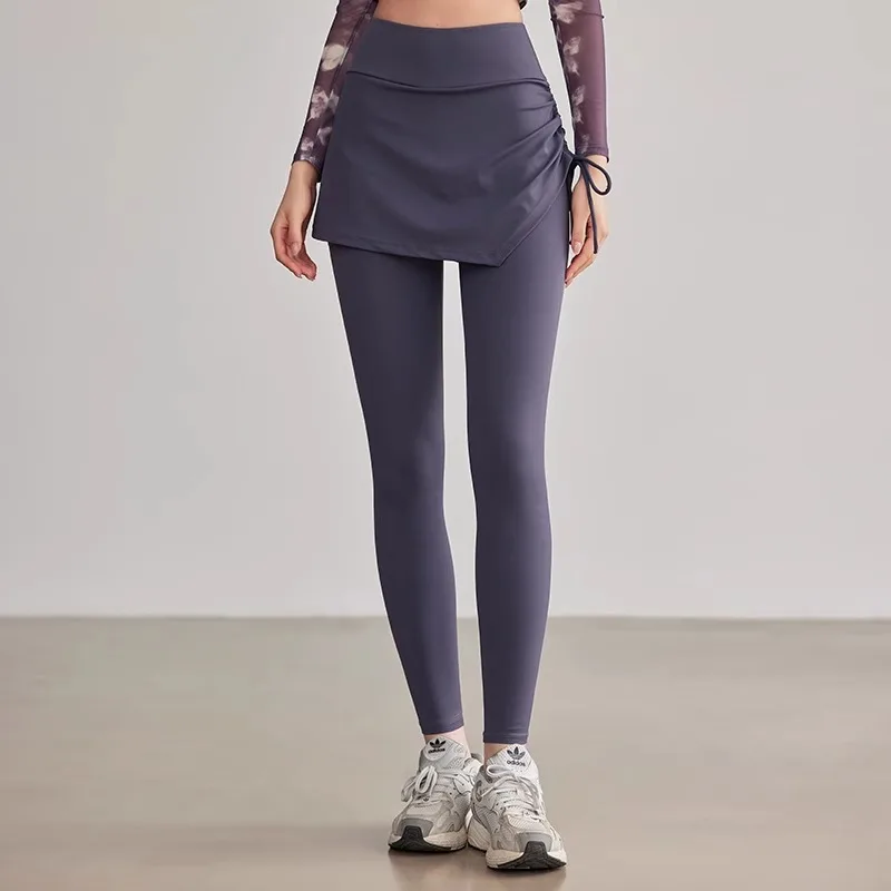 Fake Two Drawstring Sports Running Tight Yoga Pants for Women Covering Hips to Look Thinner Cycling High Waist and Abdominal T