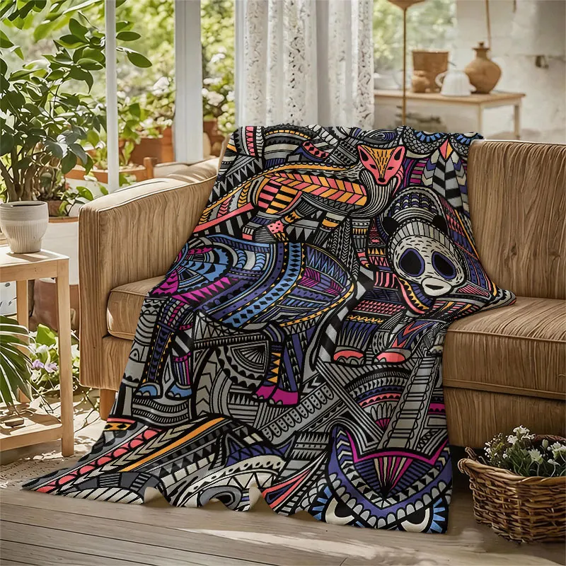 Tribal Animal Doodle Flannel Blanket Warm Soft Halloween Christmas Decorative Couch Warm Cozy All-Season Gift