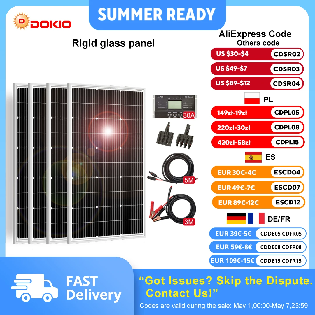 Kit de panneaux solaires rigides étanches Dokio 18V 100W 200W 400W avec contrôleur pour la charge domestique et la batterie de voiture 12V monocristalline, Chine