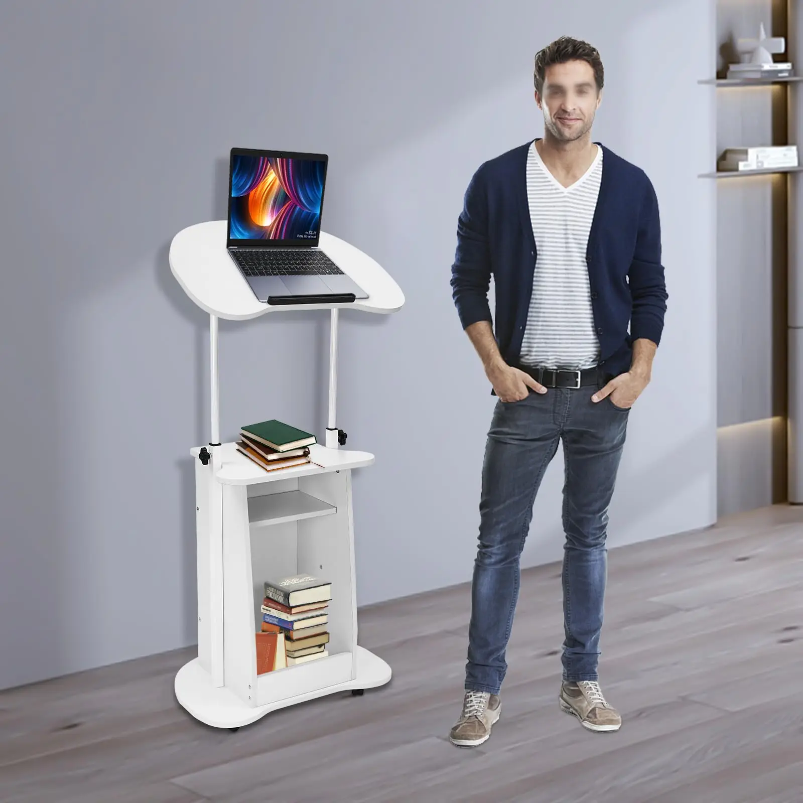 Púlpito de pé móvel, pódio de púlpito de pé ajustável em altura, pódio portátil para laptop móvel, suporte de pódio branco com 4 unidades