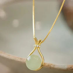 Stainless Steel Fashion light green jade Pendant Necklaces For Women Trendy Retro Style Female Clavicle Chain Jewelry