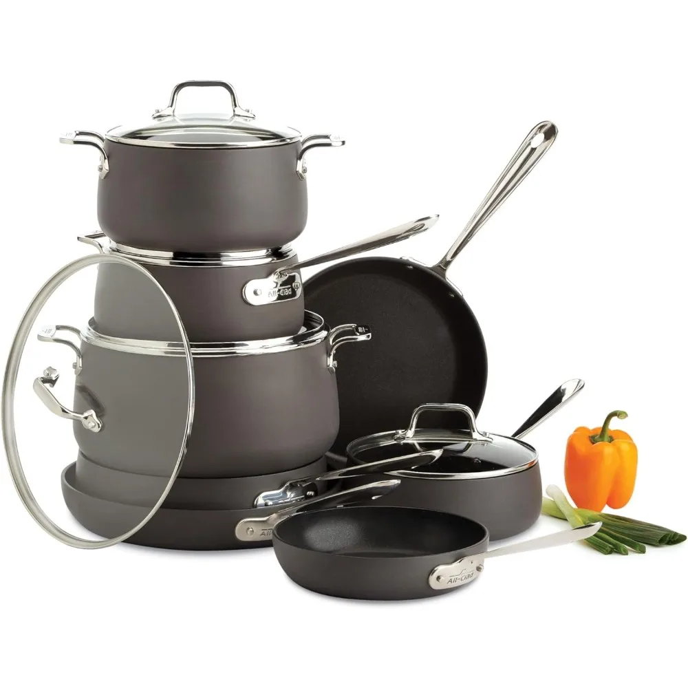 Hard Anodized Nonstick Cookware Set 13 Piece Induction Oven Broiler Safe 500F, Lid Safe 350F Pots and Pans Black