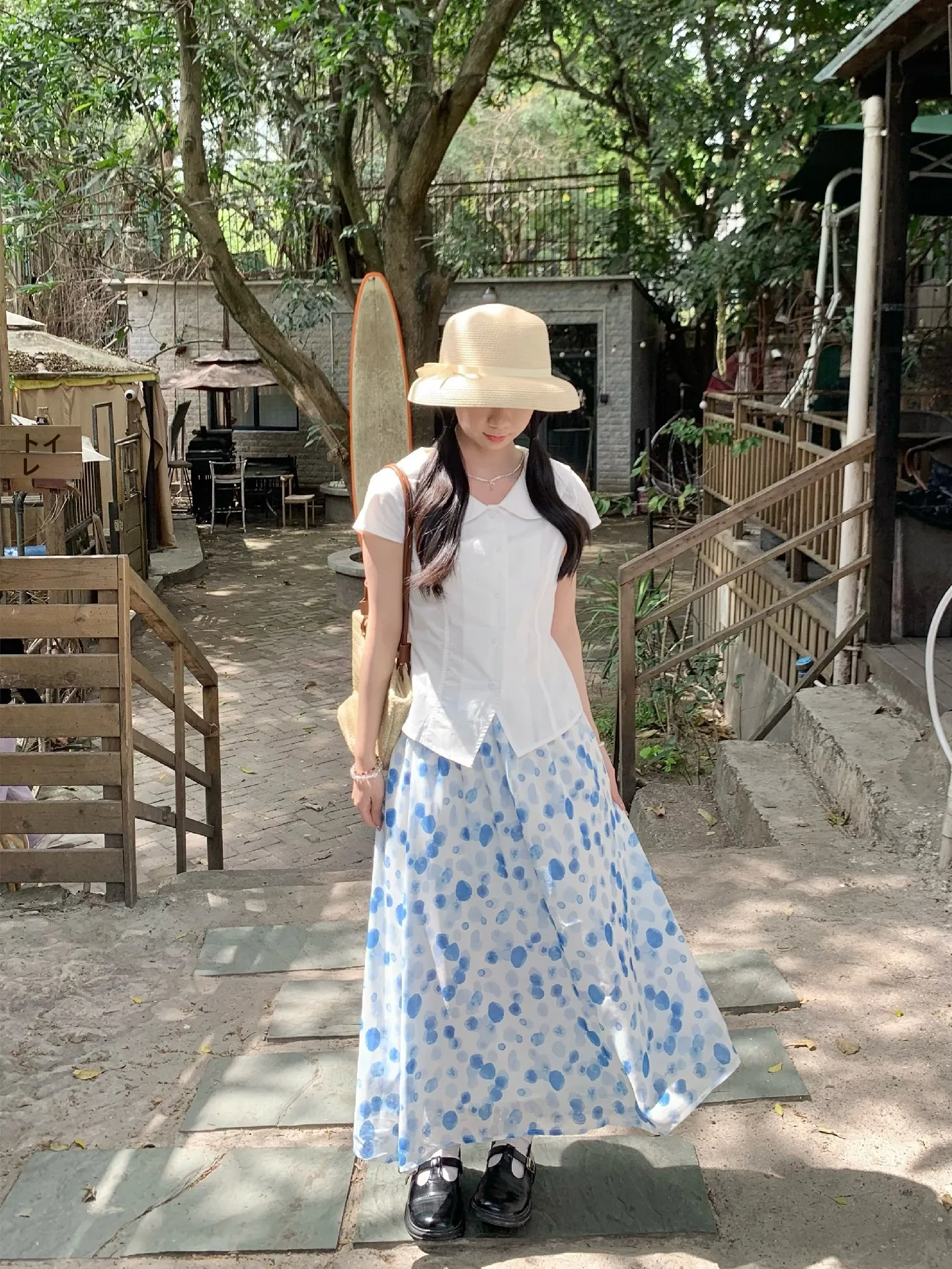 

Galactic Step Pure White Story Doll Collar Slim Fit Waist Cinched Women's Shirt Summer Design Versatile Short Sleeve Cotton