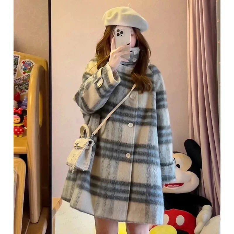 2023 New Autumn/Winter Checkered Woolen Coat Mid Length Korean Style The Waist Fashion Contrast Color Woolen Outwear Women