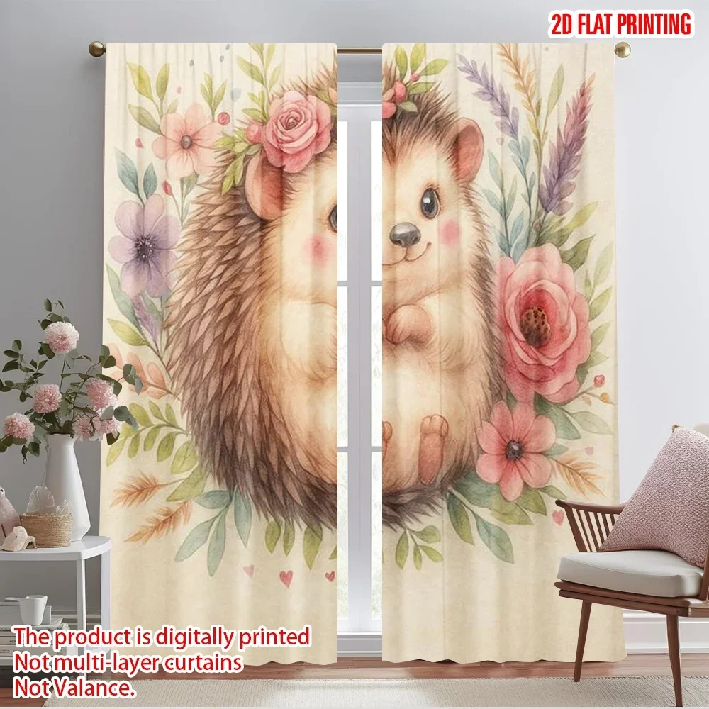 2pcs,2D plane printing Curtains Roller Blinds Floral Hedgehog Durable Polyester (without rod) All Seasons Ldeal for Bedroom,