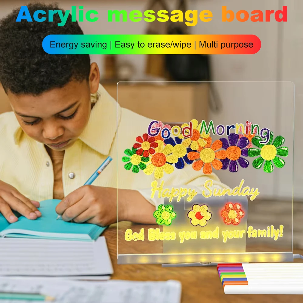 LED Luminous Acrylic Message Board with 7 Color Pens Warm Light DIY Drawing Note Board with Stand for Kids Friends Birthday Gift