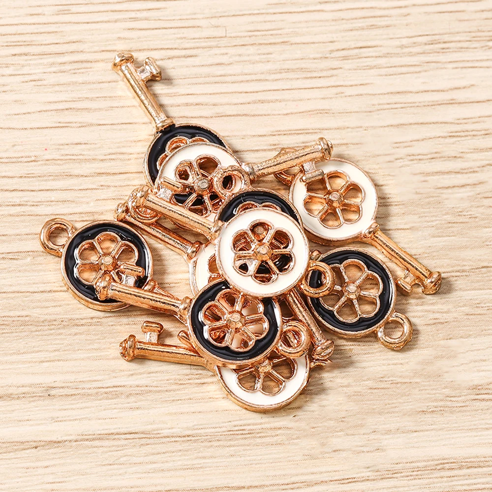 Tusember 20 Stück goldfarbene Emaille-Blumen-Schloss-Schlüssel-Anhänger für Schmuck, Ohrringe, Halsketten, DIY-Armbänder, Zubehör – Detail 2