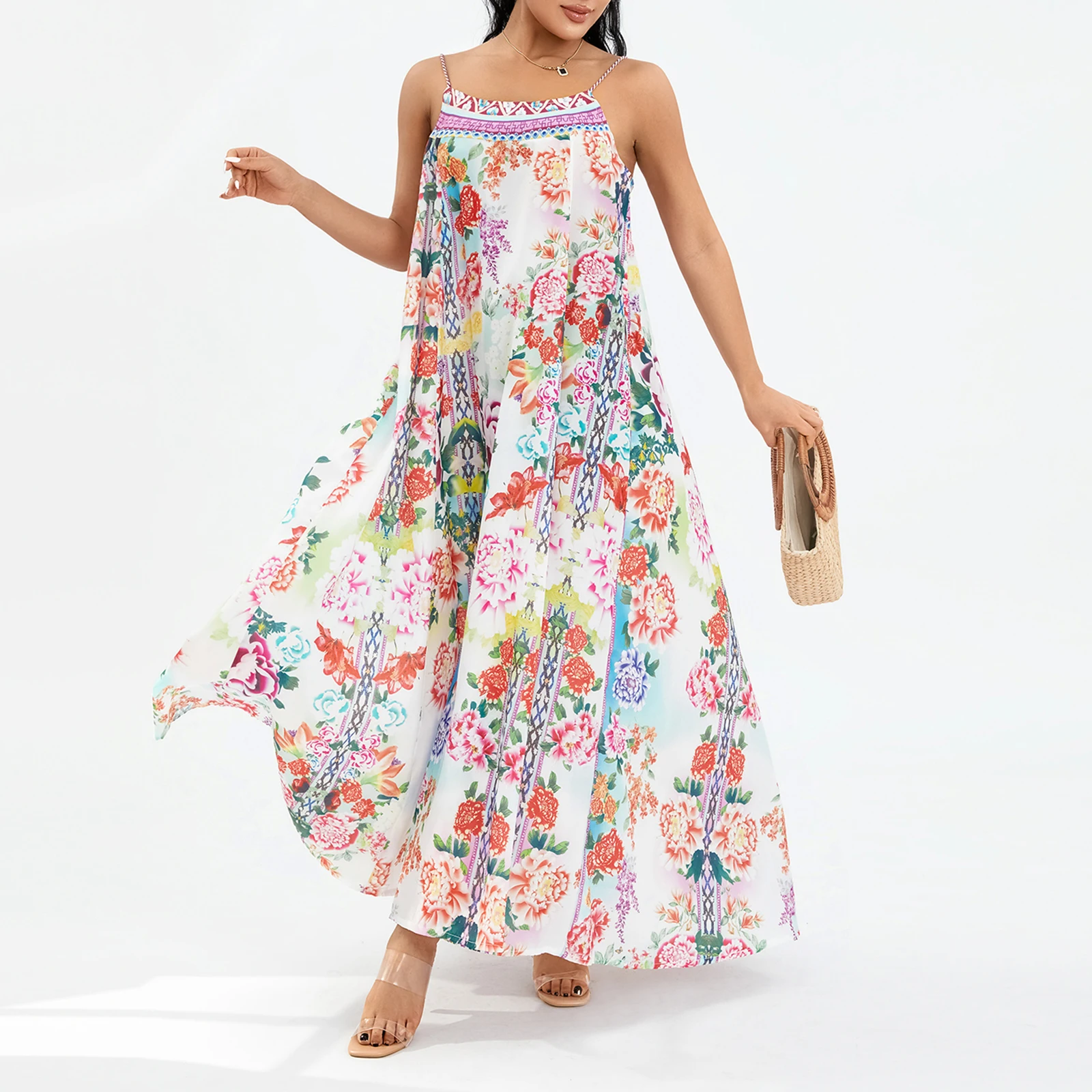 Women BOHO Dress Fashion Casual Sundress Sleeveless Floral Slit Long Party Prom Summer Beach Maxi Dress Women Beauty Clothing