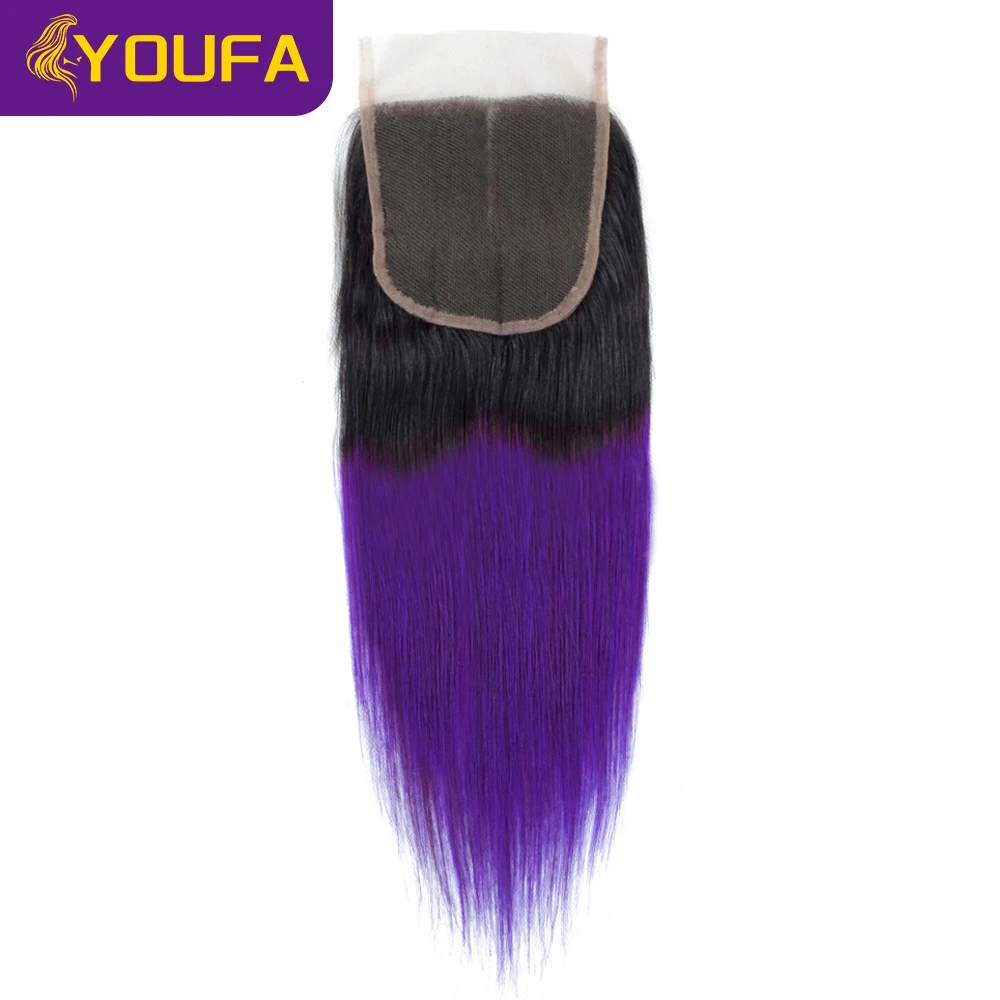 Ombre Purple 4x4 Lace Closures For Black Women 100% Straight Human Hair Closure 2 Tone Ombre 1B Blue Burg Color Lace Closures