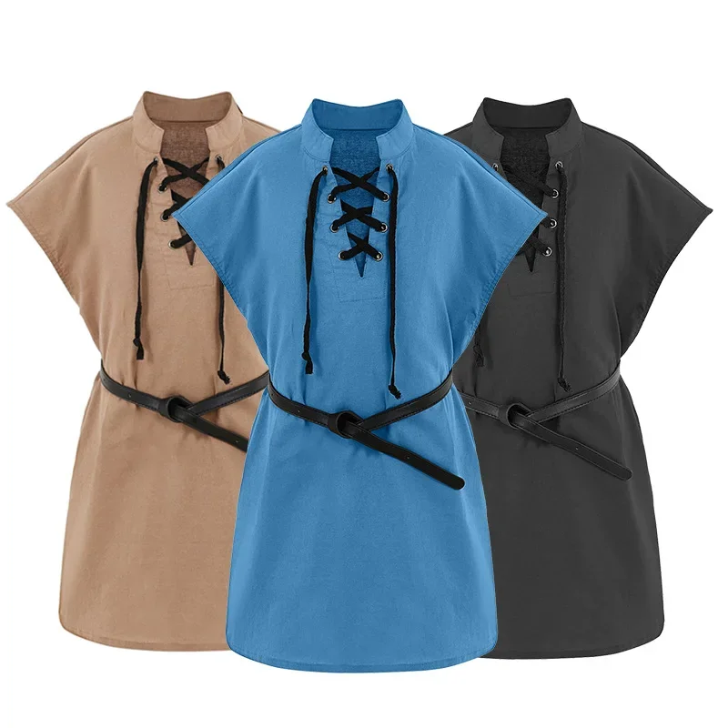 

Детская пиратская футболка эпохи Возрождения для ролевых игр, средневековая одежда без рукавов со шнуровкой викингов, шотландский хлопковый жилет