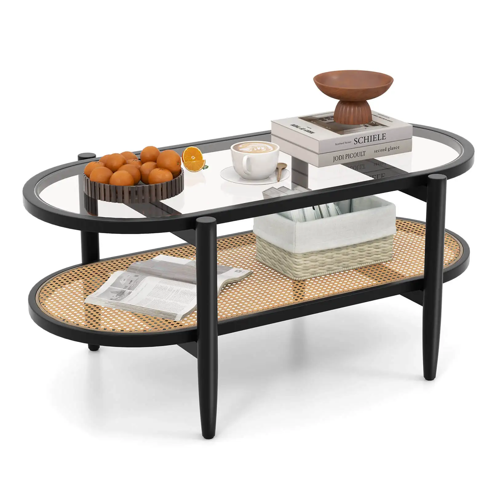 2-Tier Coffee Table Tempered Glass Top w/ PE Rattan Shelf & Acacia Wood Frame