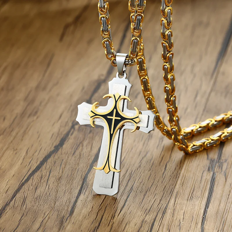 

Rock Cross Necklace for Men,Gold Color Stainless Steel Stylish Byzantine Chain,Catholic Crucifix Pendant Collar Jewelry