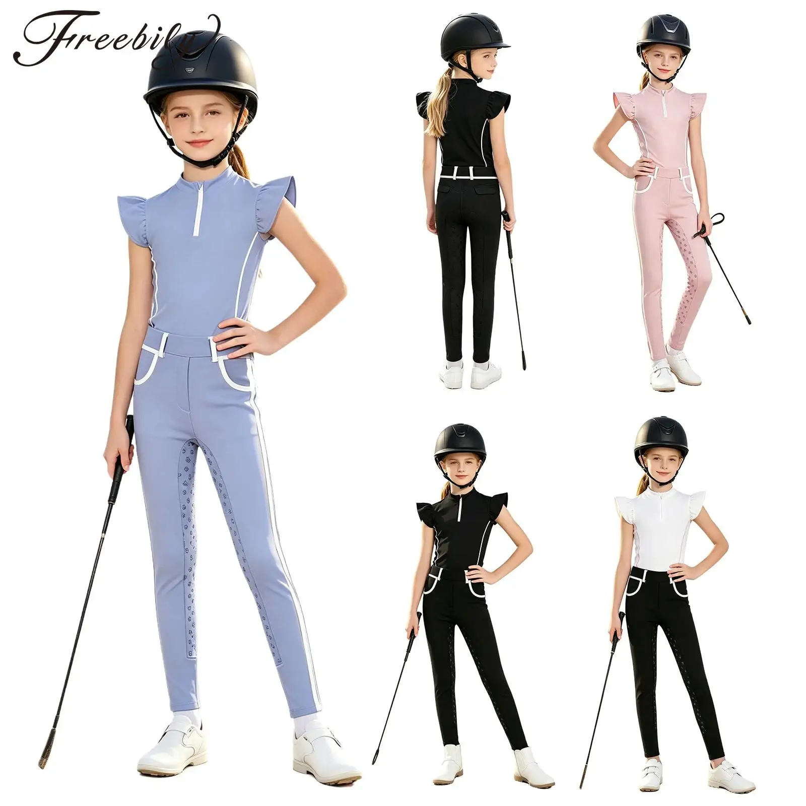 Kids Girls Horse Riding Outfit Zip-up Ruffled Sleeves Contrasting Trim Equestrian Tank Top Non-slip Full Seat Breeches Pants Set