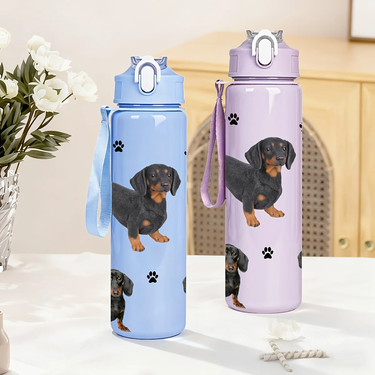 750ml Cute Dachshund Dog Water Bottle Leakproof Portable Plastic Travel Sports Water Bottle for Girls Boys School Outdoor
