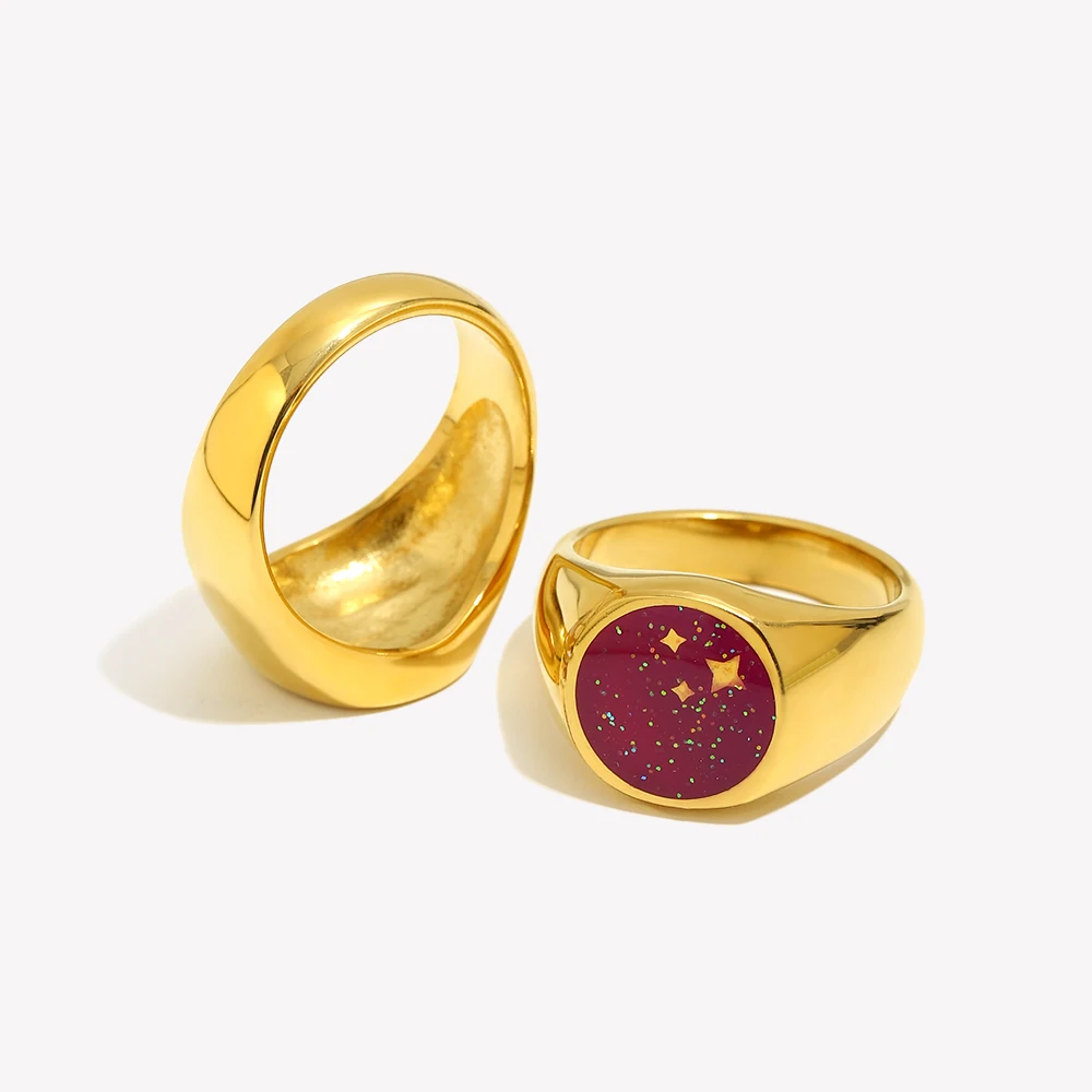 Round Circle Star Moon Universe Starry Sun Colorful Enamel Stainless Steel Singet Rings For Women Golden Ring Jewelry