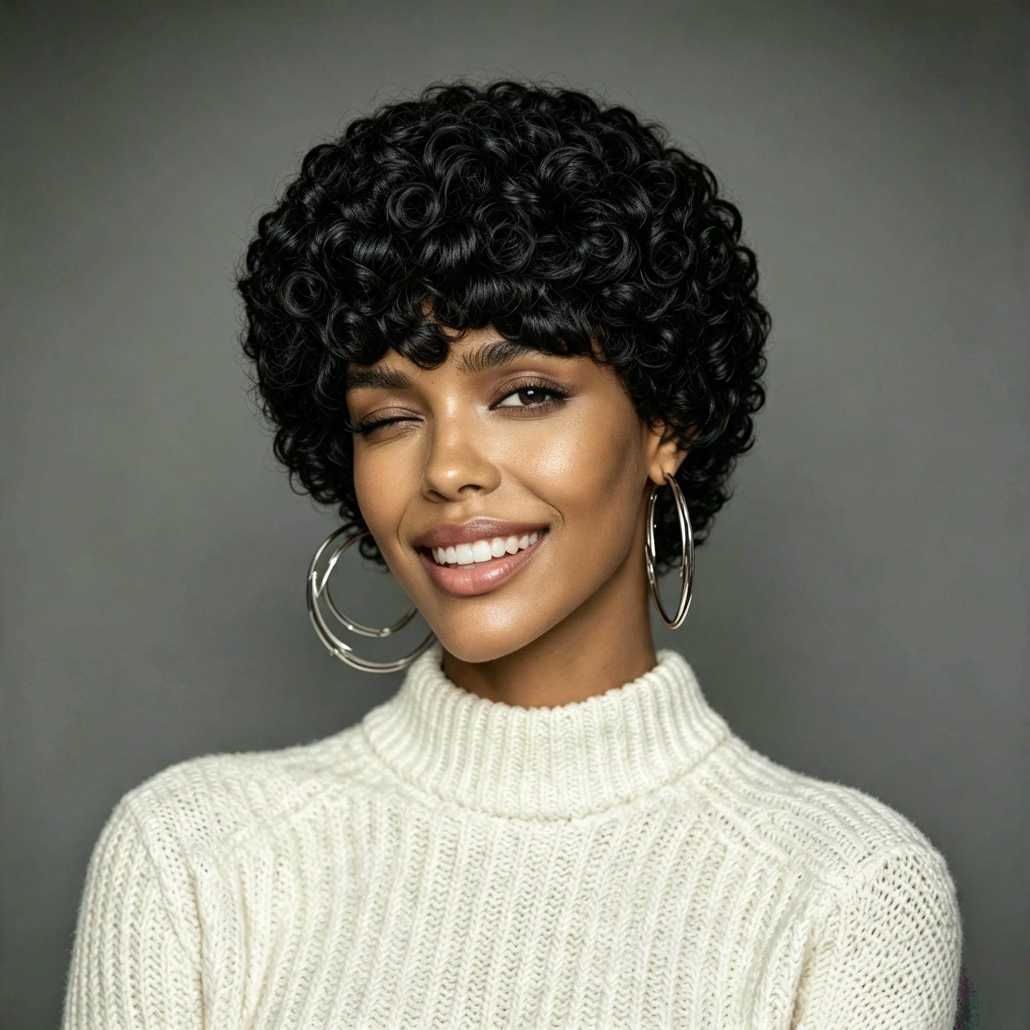 Short Pixie Afro Kinky Curly Human Hair Wig With Bangs Glueless Machine Made Wig For Black Women Natural Black Wig