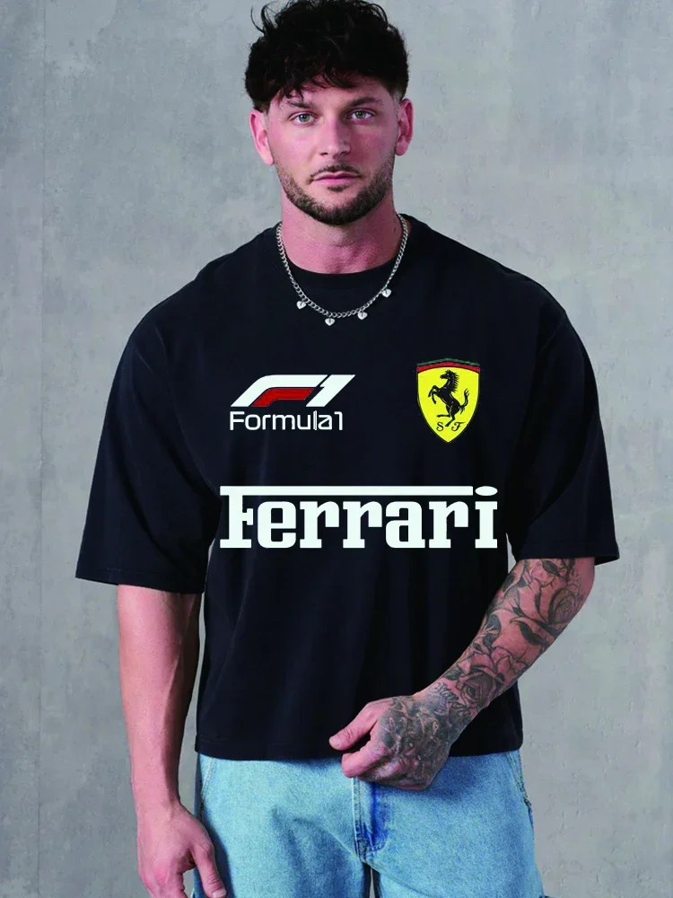 2025 Summer Men's Cotton T-Shirt F1 Ferrari Printed Fashion Large Size Top Casual Short Sleeve Street T-Shirt