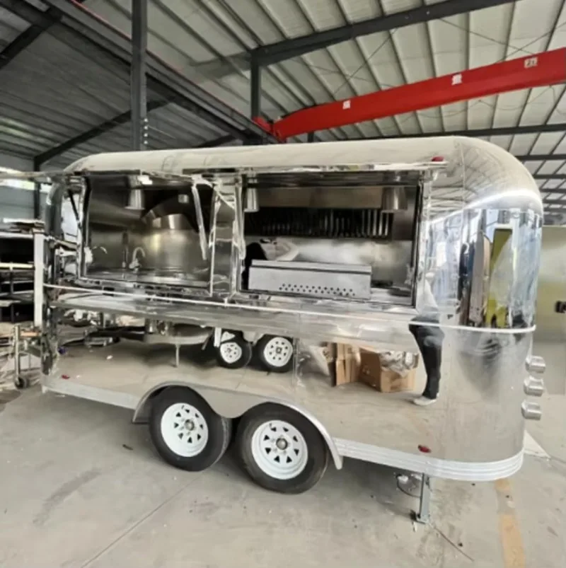 Mirror Polished Stainless Steel Food Trailer Towable Mobile Snack Bar Ice Cream Fast Food Cart for Business Catering Customized