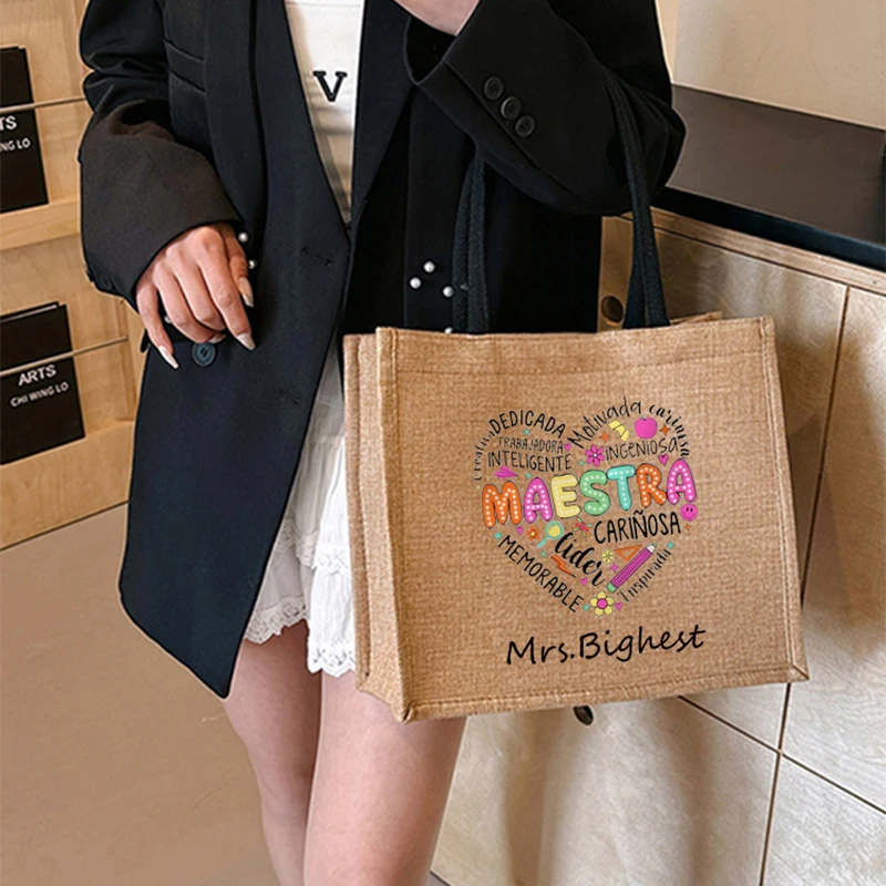 

Maestra Personalized Name Linen Handbag, Large Capacity Tote, Shoulder Shopping Bag, Travel Storage, Custom Gift for Teachers