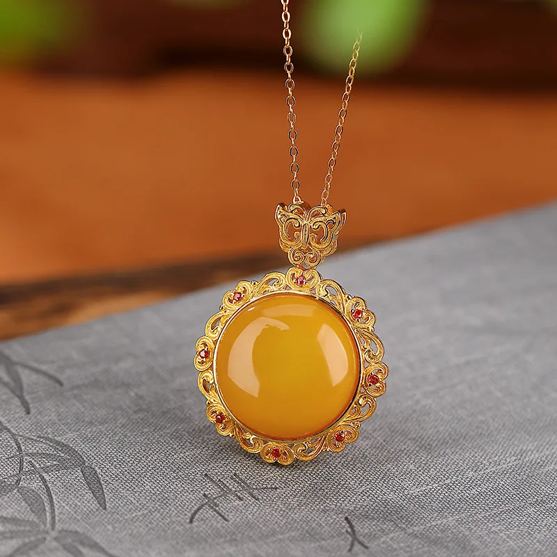 S925 Sterling Silver Gold-Plated Amber Ruyi-Cut Hollow Zircon Elegant Women'S Pendant