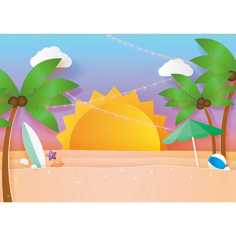 Tropical Beach Sunshine Baby Cake Smash Studio Photography Background Palm Tree Surfboard Glitter Lights Backdrop Photo Booth