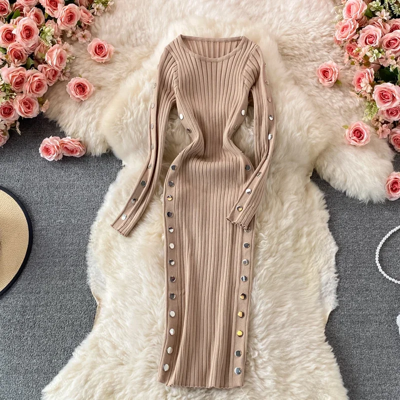 Winter Women\'s Knitted Sweater Dresses O-Neck Long Sleeve Slim Side Double Row Buckle Hip Wrap Dress Ladies Sheath Dress Autumn