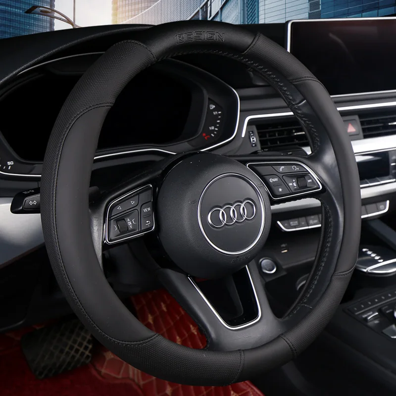 Punched Leather Car Steering Wheel Cover Universal Fit for 14 .5-15 Inch Durable Leather Cover Univeral for All Seasons