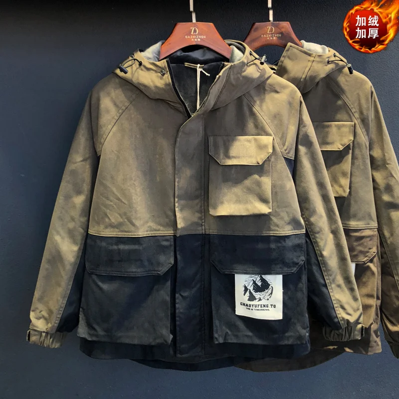 

New autumn and winter men's versatile jacket with velvet lining, fashionable and casual hooded outdoor workwear coat