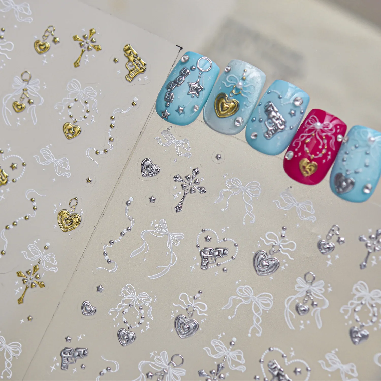 Cool Cross Bowknot 5D Nail Art Stickers Metal Ribbon Heart Pearl Chain Silver Bows Hot Stamping Self Adhesive Decal Nail Decor