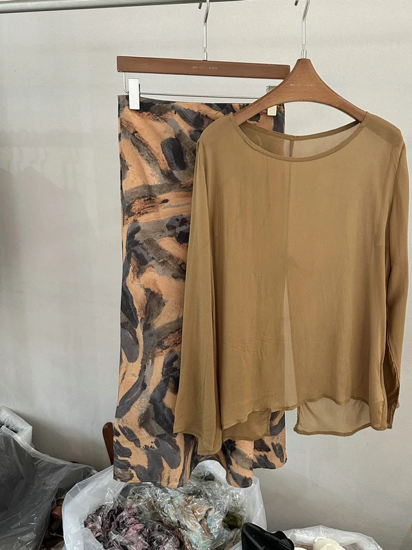 

Tea System Light Maturity Summer Collection Two-Piece Skirt Set Women's Back Knot Slit Chiffon Top Water-Media Half Skirt