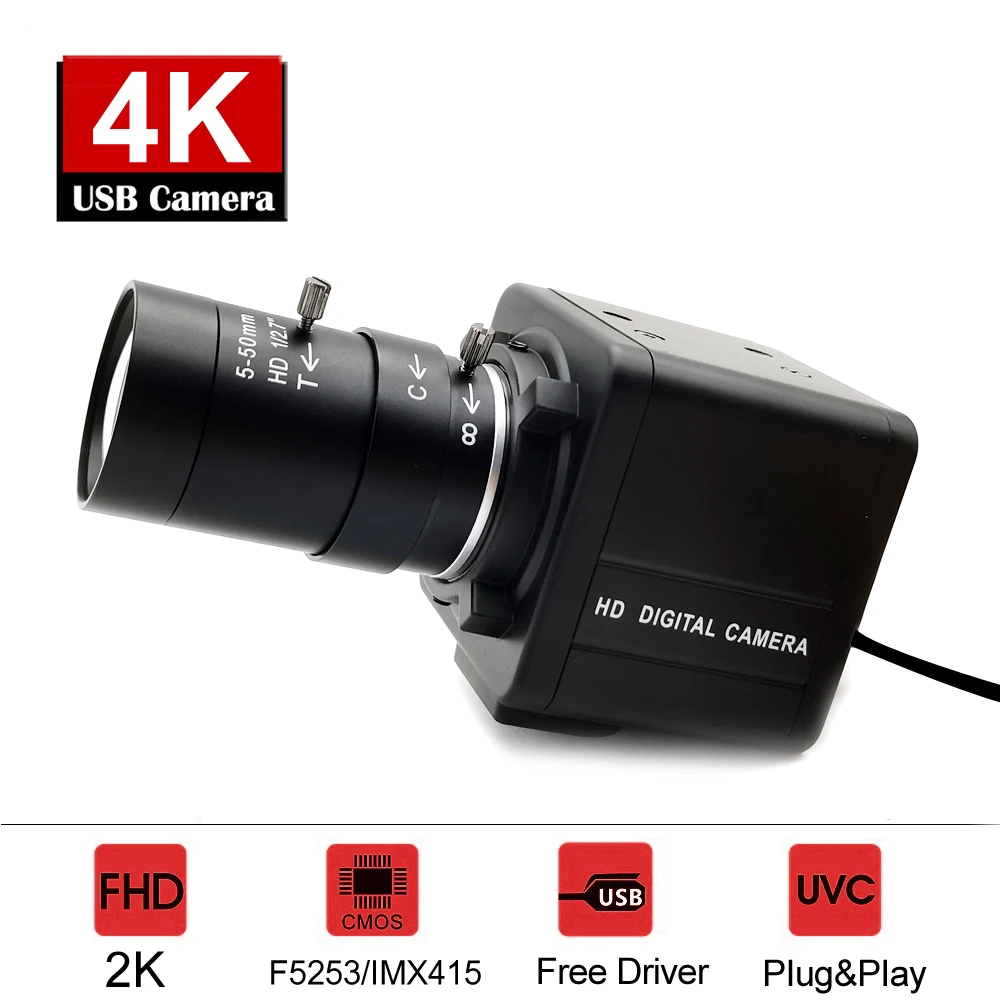 Industrial 4K 8MP IMX415 USB Webcam 30fps High Speed 2K 4MP F5253 Usb Camera With Varifocal /Fixed CS Lens OTG UVC Plug And Play