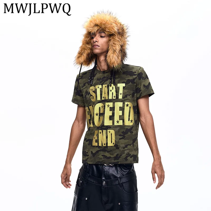 

MWJLPWQ Letter Embossed Camouflage Short Sleeve T-Shirt Male 2026 Summer New Street Printed Regular Shoulder Hiphop Tops 16084