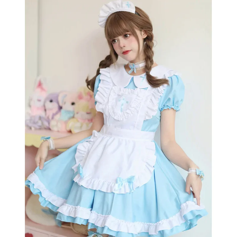 Cosplay meid kostuum anime crème lieverd outfit Roze Lolita Jurk schattig meisje meid dragen uniform korte mouwen verpleegster kostuums d