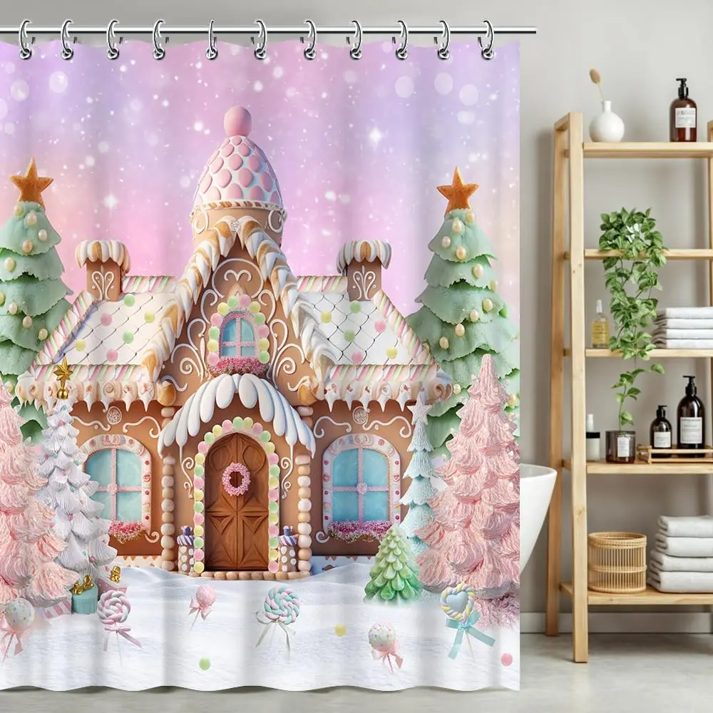 Christmas Cartoon Gingerbread House Shower Curtain Snow Winter Merry Xmas Tree Lollipop Santa Snowflake Party Decorations