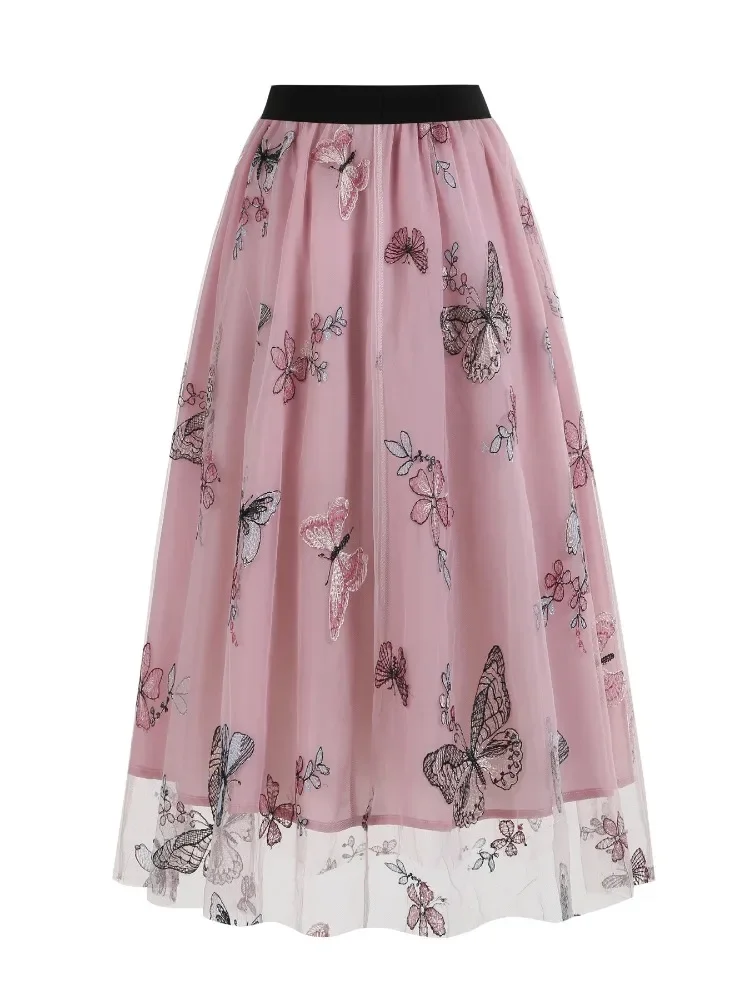 2025 New Vintage Cute Butterfly Embroidered Mesh Long Skirt 50s 60s Retro Holiday Women Elastic Waist Midi Length Elegant Skirts