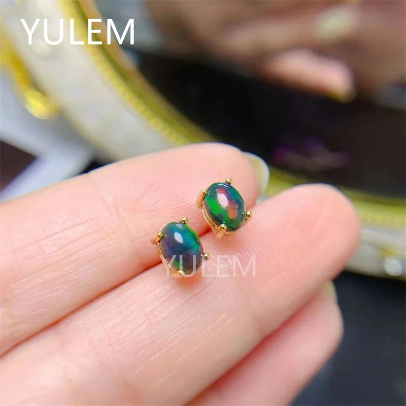 YULEM Natural Black Opal Earring, Small and Exquisite Beautiful Firecolours, 925 Pure Silver Hot Selling