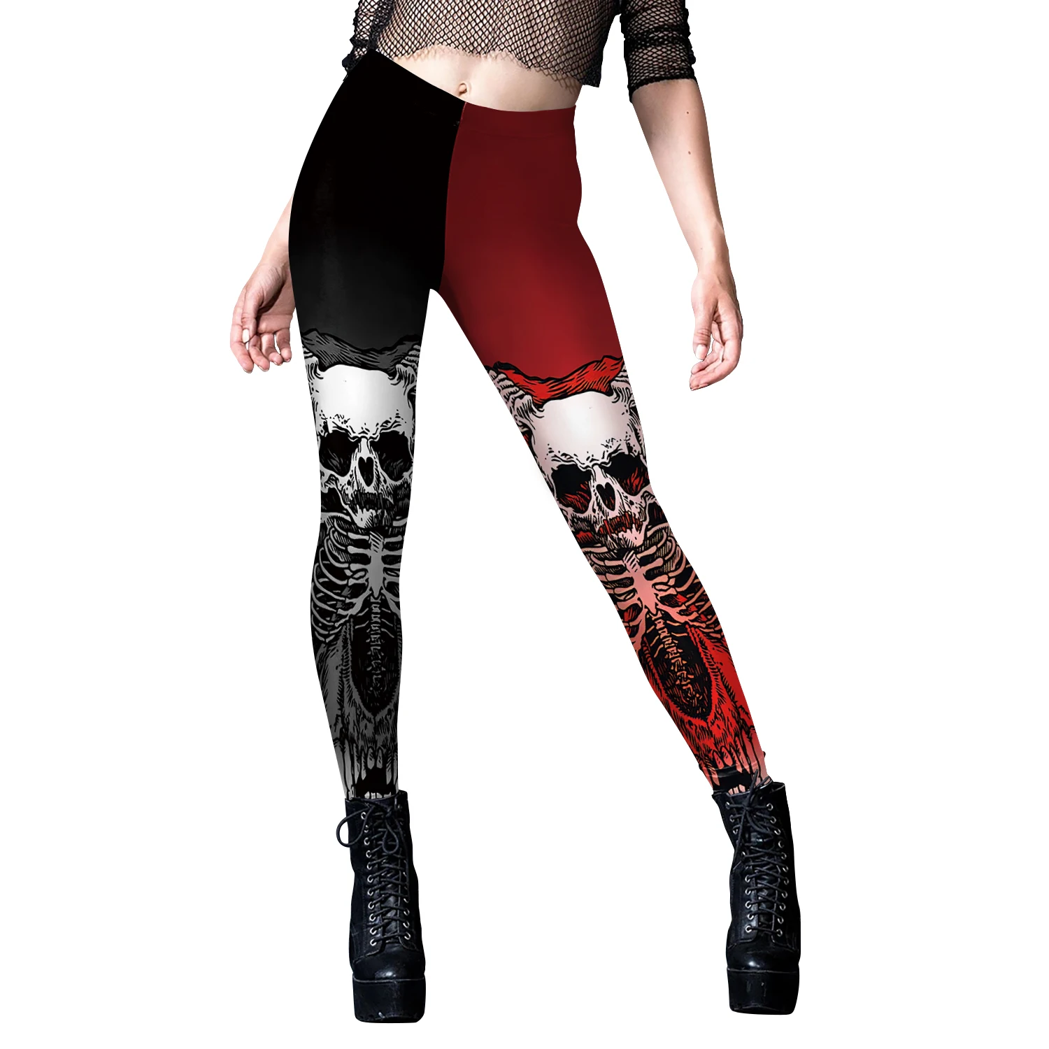 [Du bist mein Geheimnis] Halloween-Skelett-Druck-Leggings, Punk-Damen-Leggings, Gothic-Fitness-Knöchelhose, sexy Stretch-Leggings in Schwarz – Detail 3