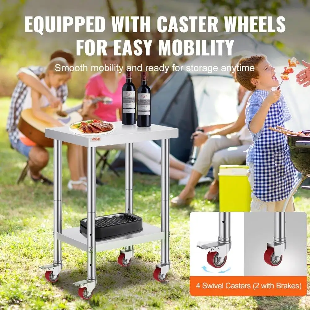 Stainless Steel Work Table with Adjustable Shelf and Rolling Wheels Heavy Duty Commercial for kitchen Prep Table