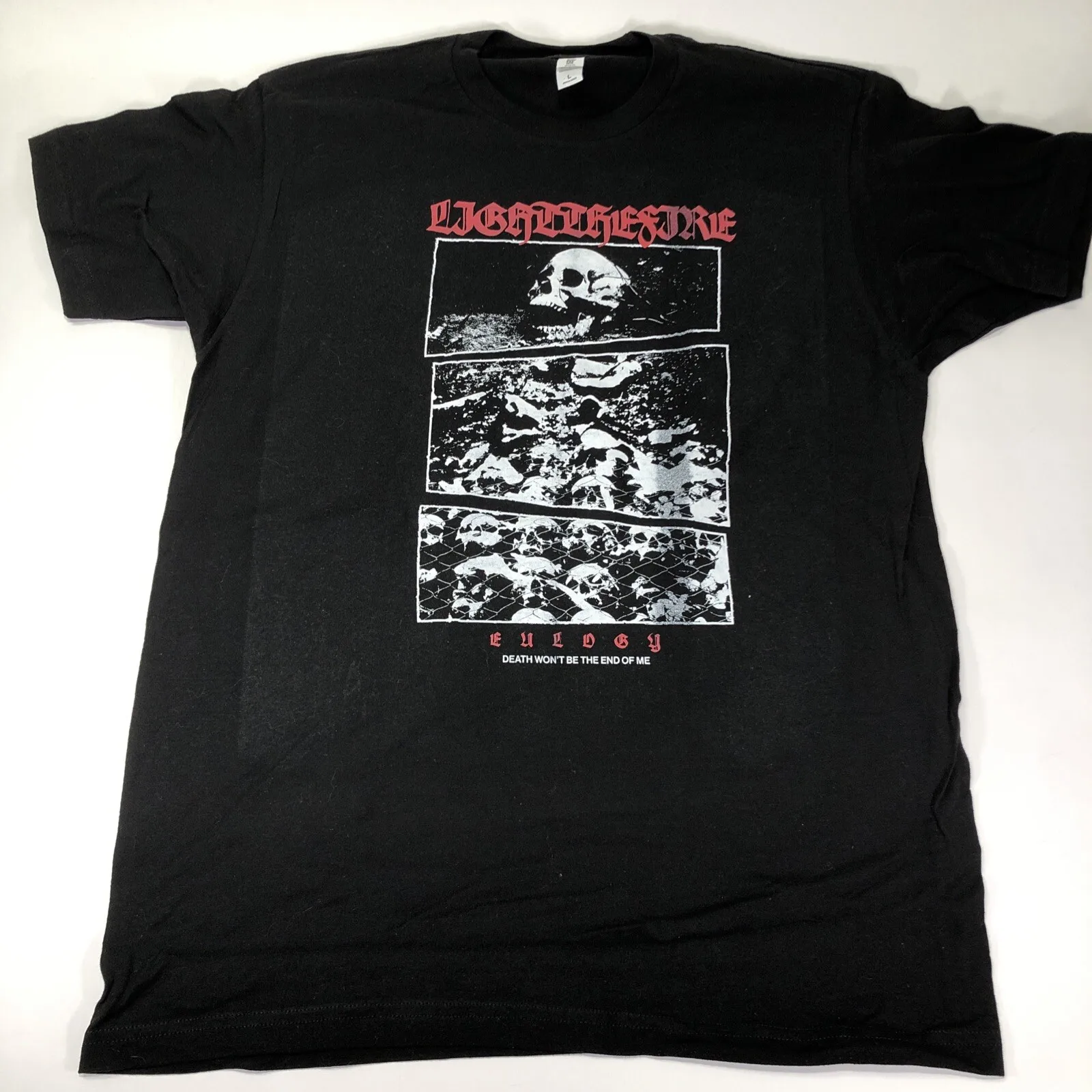 Light The Fire Band Logo Eulogy Skull talla L Camisa negra grande Camiseta Post Hardcore