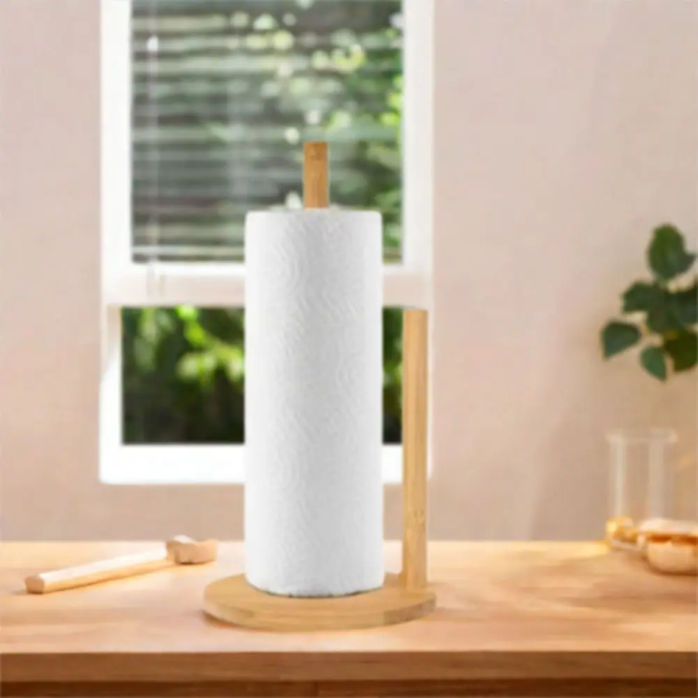 Anti-Skid Base Wooden Roll Paper Towel Holder Stable Reusable Vertical Tissue Stand Simple Disposable Paper Holder Bathroom
