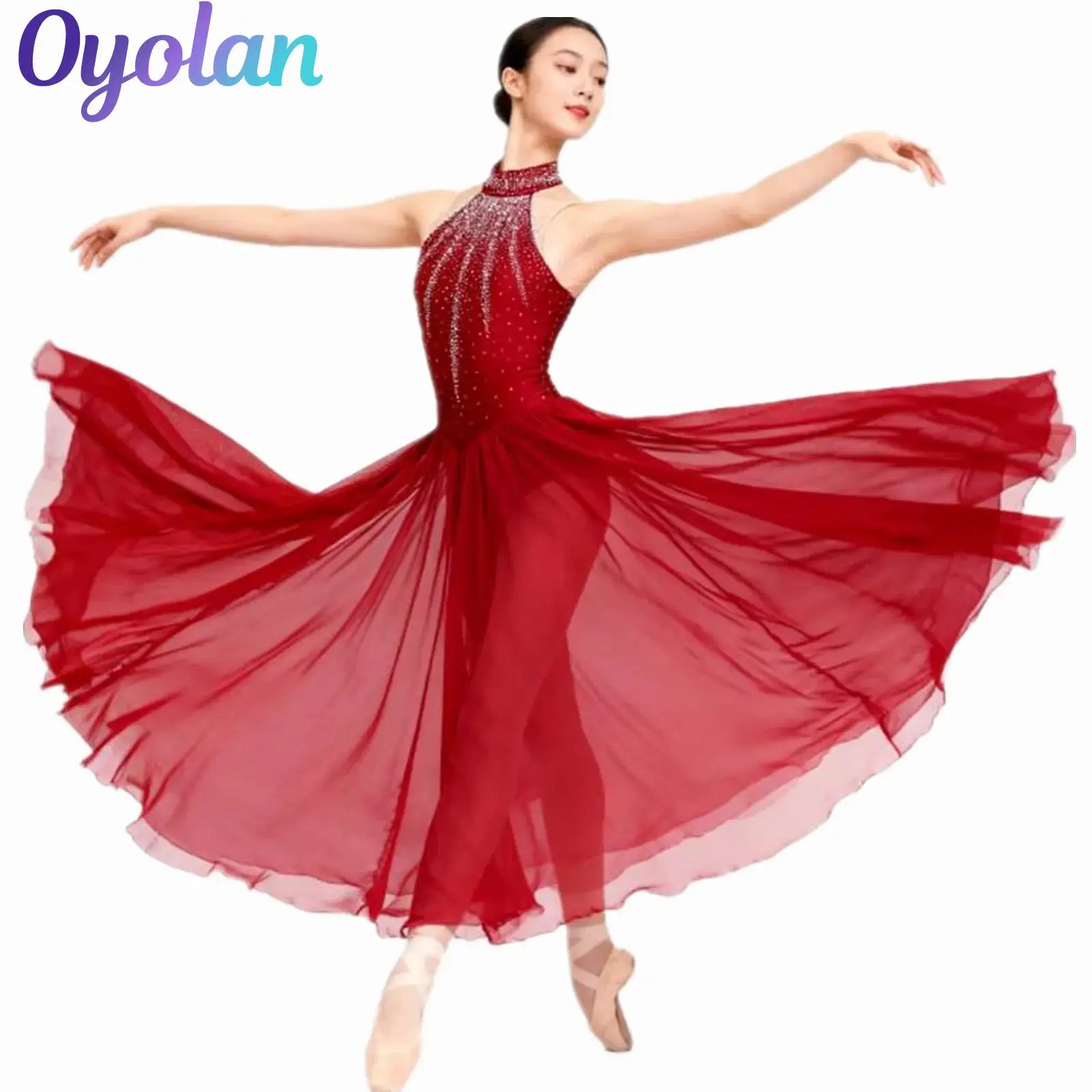 

Womens Modern Contemporary Ballet Lyrical Dance Costume Gymnastics Acrobatics Sparkling Rhinestones Split Maxi Dress Dancewear